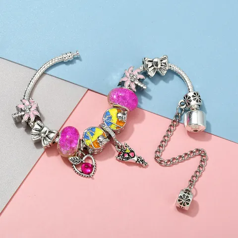 Silberfarbenes DIY Charm Armband Mit Rosa Glasperlen Emaille Kokosnussbaum Herz Bogen Anhänger Modeschmuck Geschenk Für Damen