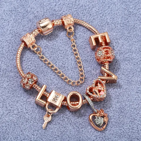 Romantisch Roségold Überzogen Legierung Perlenarmband Liebe Buchstabe Herz Schloss Schlüssel Anhänger Zirkonia DIY Schlangenkette Schmuck