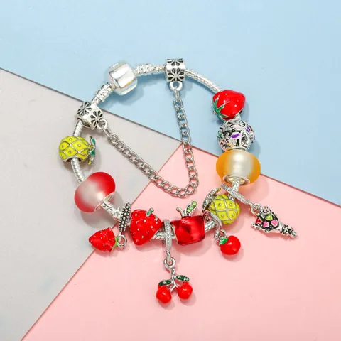 Summer Fruit Enamel Charm Bracelet Strawberry Pineapple Cherry Apple Beads Snake Chain Jewelry For Women Kids Gift