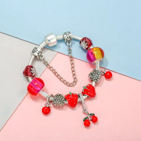 Sweet Strawberry Cherry Fruit Charm Bracelet Alloy Enamel Beads Murano Glass Snake Chain Jewelry For Women Girls Gift