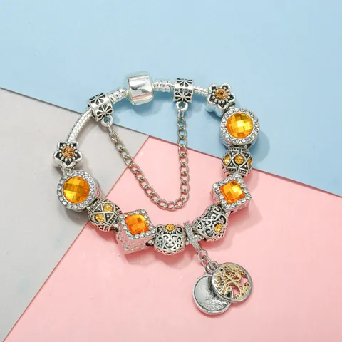 Vintage Legierung Gelbe Kristall Glasperlen Charm Armband Mit Lebensbaum Anhänger Schlangenkette Sicherheitskette Für Damen Schmuck
