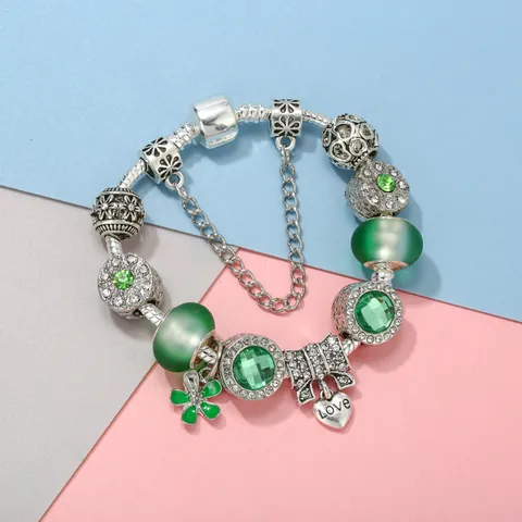Women Snake Chain Charm Bracelet With Green Lampwork Glass Beads Clover Heart Pendant Alloy Beaded Bracelet Jewelry Gift