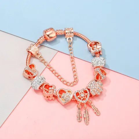 Dreamcatcher Feather Heart Charm Bracelet Rose Gold Plated Alloy Hollow Out Paw Print Sparkly Rhinestone DIY Jewelry For Women