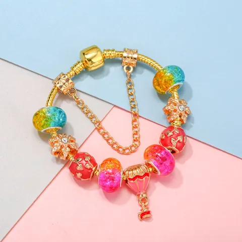 Bracelet à Charms en Alliage Plaqué Or de Mode Avec Montgolfière Flocon de Neige Cœur Perles Verre Coloré Émail Chaîne Serpent Bijoux Pour Femmes