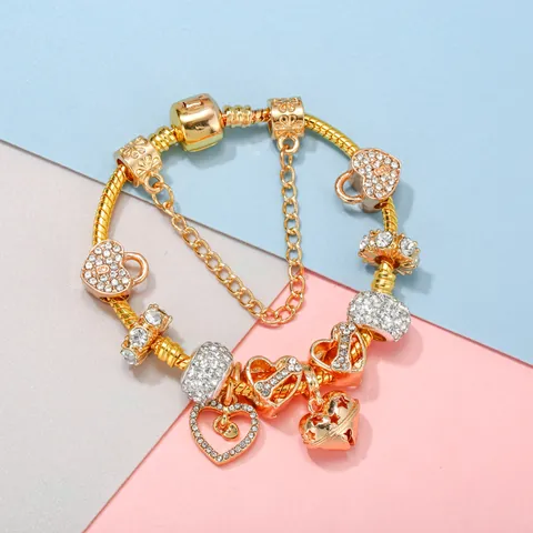 Vergoldete Legierung Herz Charm Armband Weiß Künstlicher Kristall Strass Eingelegt Schlangenkette Mit Glockenanhänger Und Sicherheitskette Romantischer Schmuck Geschenk Für Damen