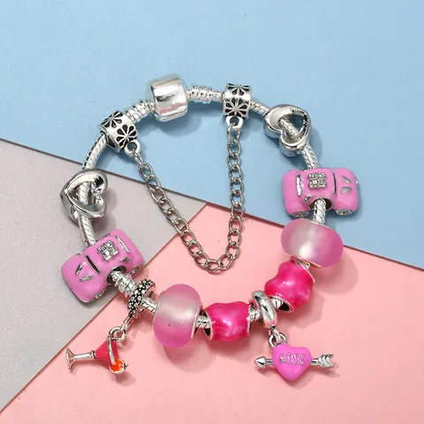 Romantische Roze Emaille Hart Pijl Bedelarmband Met Zilveren Slangenketting Glazen Kralen Voor Vrouwen Meisjes Mode Sieraden