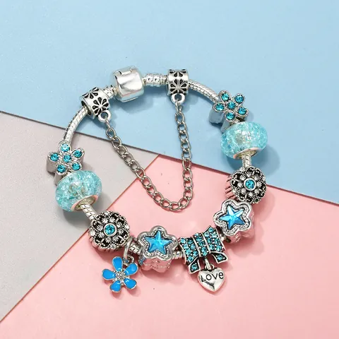 DIY Charm Armband Blauwe Bloemen Hart Liefde Hanger Strik Zilveren Slangenketting Sieraden Cadeau Voor Dames