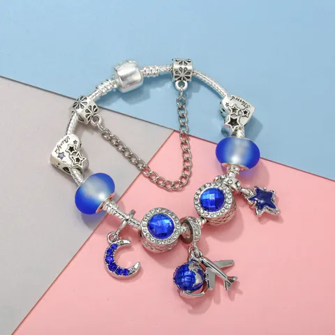 Luxus Vintage Legierung Kristall Herz Stern Mond Armband Blaue Glasperlen Charme Armband Mit Flugzeug Erde Anhänger Schmuck Für Damen