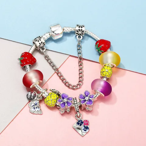 Silver Plated Snake Chain Charm Bracelet With Strawberry Pineapple Fruit Flower Beads For Women Summer Fashion Jewelry Gift