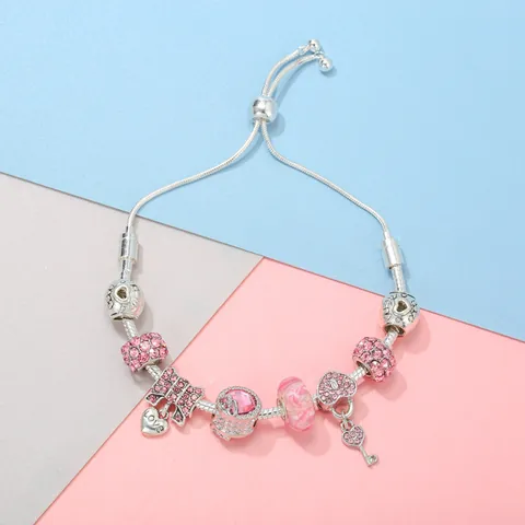 Luxus Legierung Perlen Charm Armband Für Damen Mit Kristall Herz Schlüssel Anhänger Verstellbare Schlangenkette Modeschmuck Geschenk