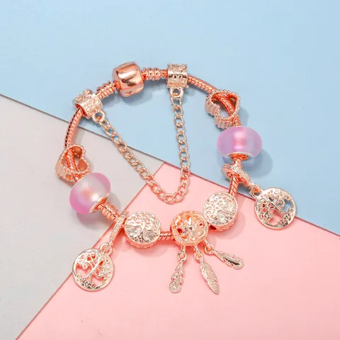 Damen Roségold Überzogene Legierung Charm Armband Lebensbaum Rosa Perlen Herz Traumfänger Anhänger Armband Schmuck