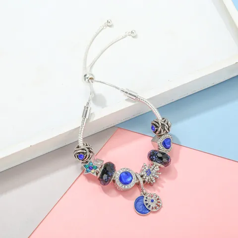 Fashion Women Alloy Blue Beaded Charm Bracelet Adjustable Heart Star Snowflake Pendant Bracelet Teen Girls Jewelry Gift