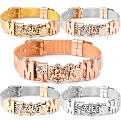 Bracelet en Mailles d'Acier Inoxydable 10mm pour Femme Avec Breloques MOM en Alliage Strass Pendentif Verre à Vin Bijoux de Mode Cadeau de Fête des Mères