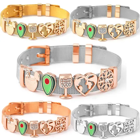 Bracelet en Maille d'Acier Inoxydable pour Femme Avec Charms Cœur Ajouré Verre à Vin Avocat Bijoux de Mode Ajustables