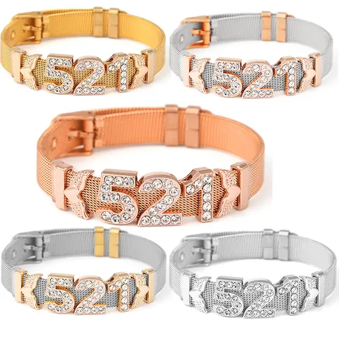 Women Stainless Steel Mesh Strap Bracelet Rhinestone Heart Wings 521 Charm Adjustable Watch Band Style Jewelry Gift