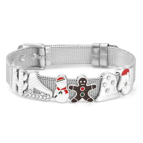 Bracciale a Maglia in Acciaio Inossidabile di Natale per Donna Ciondoli in Lega di Smalto Pupazzo di Neve Omino di Pan di Zenzero Gioielli