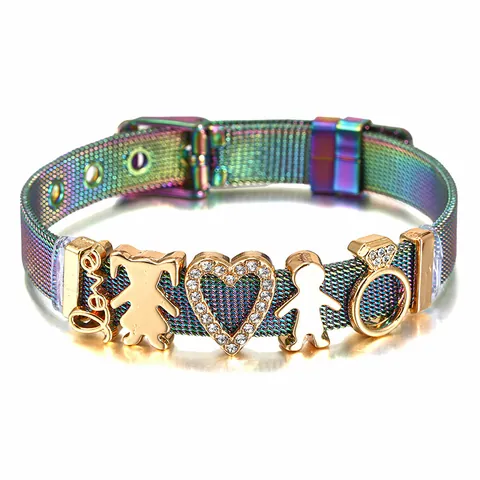 Stainless Steel Rainbow Mesh Bracelet With Alloy Enamel Charms For Women Kids Adjustable Colorful Mesh Belt Bracelet Gift Jewelry