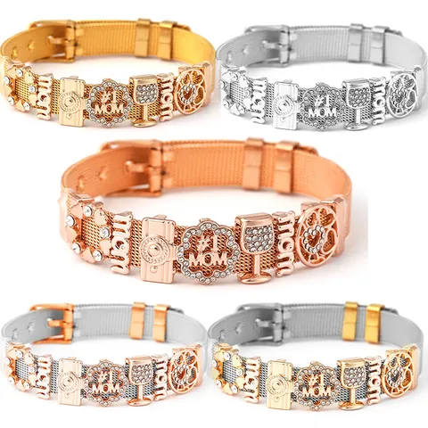 Bracelet Charm en Maille d'Acier Inoxydable pour Femme MOM Cœur Appareil Photo Pendentif Ajustable Bijoux Cadeau Fête des Mères