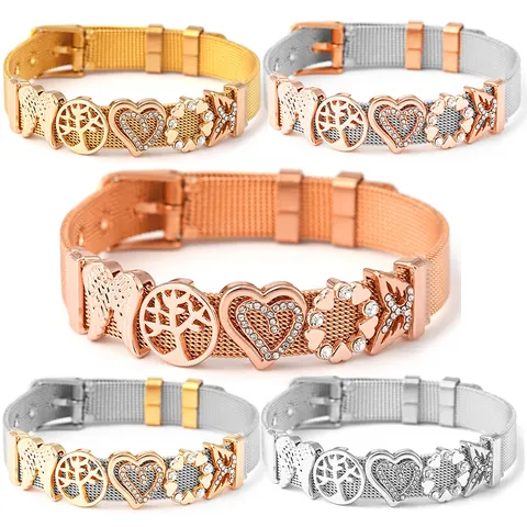 Women Fashion Stainless Steel Mesh Watch Band Bracelet DIY Heart Wings Tree Of Life Charms Adjustable Jewelry Bracelet