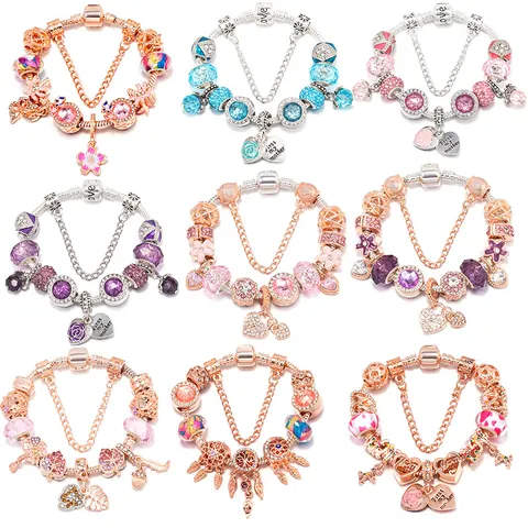 Fashion Alloy Crystal Beaded Charm Bracelet For Women Heart Tree Of Life Pendant Snake Chain Bracelet Mother's Day Jewelry