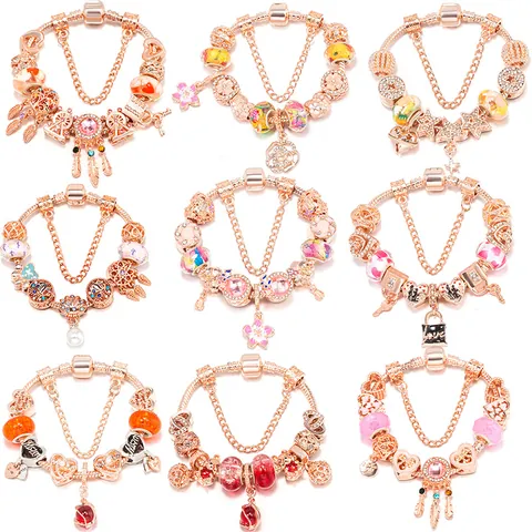 Women Rose Gold Plated Charm Bracelet With Dreamcatcher Heart Life Tree Beads DIY Snake Chain Fashion Jewelry Gift