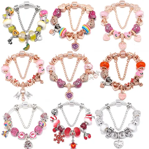 Alloy Enamel Glass Bead Charm Bracelet For Women Hollow Heart Rose Mom Floral Snake Chain DIY Jewelry Mother's Day Gift