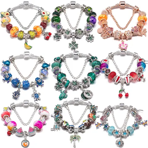 Women DIY Fruit Sea Animal Charm Bracelet With Alloy Enamel Beaded Snake Chain Rhinestone Jewelry Gift For Friends