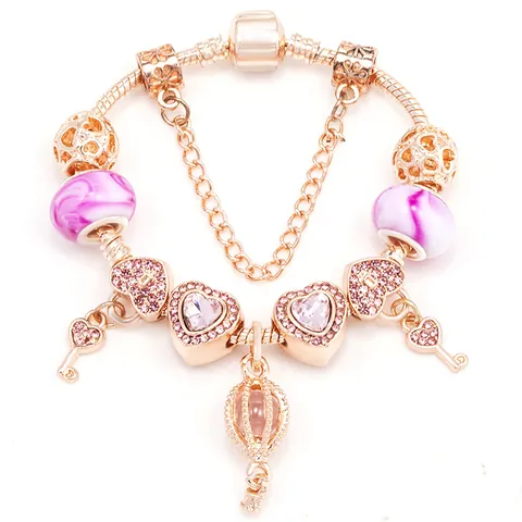 Damen Roségold Beschichtetes Legierung Charm-Armband Mit Lila Glasperlen Rosa Zirkonia Herz Schlüssel Heißluftballon Anhänger