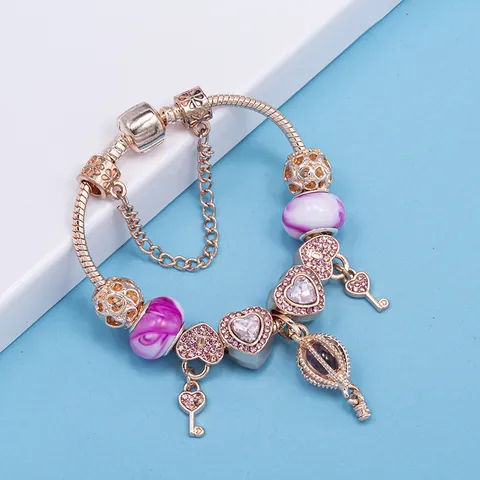 Damen Roségold Beschichtetes Legierung Charm-Armband Mit Lila Glasperlen Rosa Zirkonia Herz Schlüssel Heißluftballon Anhänger