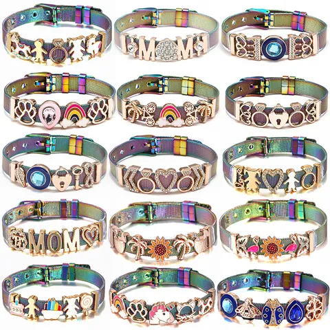 Stainless Steel Rainbow Mesh Bracelet With Alloy Enamel Charms For Women Kids Adjustable Colorful Mesh Belt Bracelet Gift Jewelry