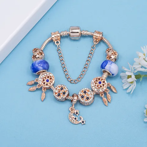 Rose Gold Plated Alloy Charm Bracelet For Women Blue Glass Beads Dreamcatcher Moon Star Pendant Bohemian Jewelry Gift