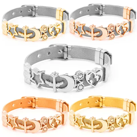 Stainless Steel Mesh Strap Bracelet Adjustable Watch Band Style Travel Charms Airplane Heart Star Moon Rhinestone Jewelry For Unisex