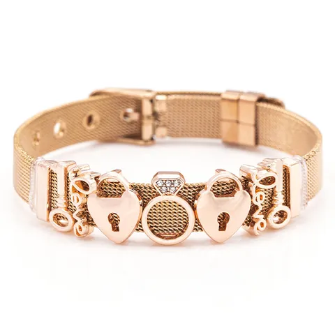 Stainless Steel Mesh Bracelet Women Charm Heart Lock Key Love Pendant Adjustable Watch Band Style Fashion Jewelry