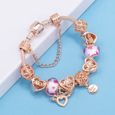 Pulsera de Amuletos de Aleación Chapada en Oro Rosa Para Mujer Colgante de Corazón Ala de Ángel Mom Letra Cadena de Serpiente Joyería Regalo