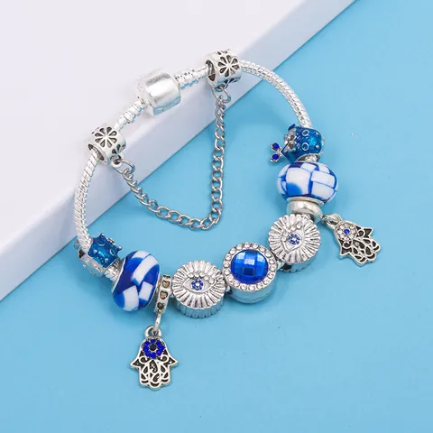 European Style Alloy Charm Bracelet With Blue Glass Beads And Rhinestone Evil Eye Hamsa Hand Pendants Fashion Women Jewelry Gift