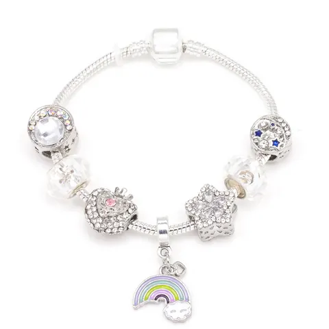 Pandora Style Snake Bone Bracelet For Women Alloy Rhinestone Crystal Rainbow Heart Star Moon Drip Oil Charms Bracelet