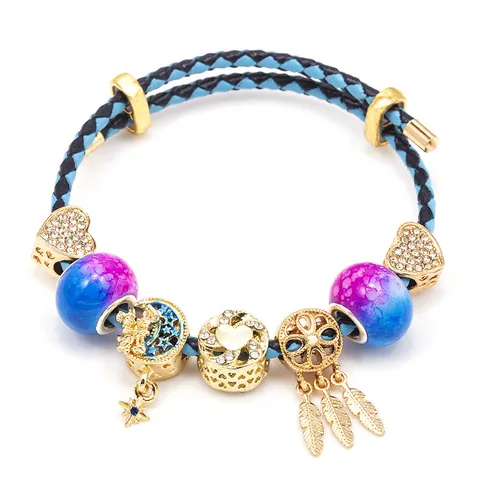 Western Stil Geflochtenes Leder Charm Armband Herz Biene Stern Mond Anhänger Strass Legierung Perlenarmband Für Damen Valentinstag Schmuck