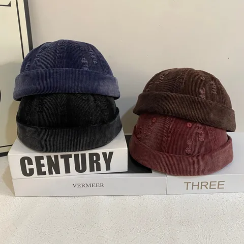 Gorro Docker de Pana Desgastado Roto Sin Ala Docker Cap Unisex Retro Color Sólido Streetwear Landlord Hat Para Otoño Invierno