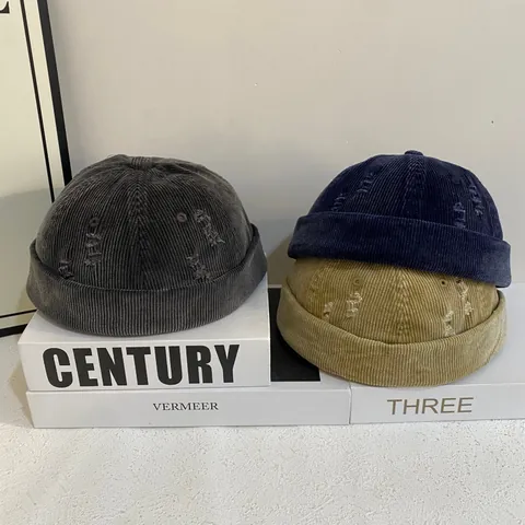 Gorro Docker de Pana Desgastado Roto Sin Ala Docker Cap Unisex Retro Color Sólido Streetwear Landlord Hat Para Otoño Invierno