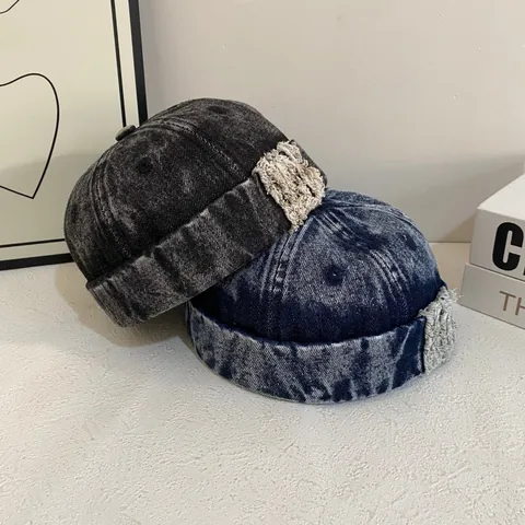 Retro Washed Denim Style Docker Hat Distressed Brimless Miki Hat For Men Women American Streetwear Round Top Skull Cap
