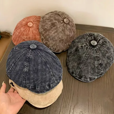 Vintage Corduroy Newsboy Cap For Men Women Octagonal Flat Hat Adjustable Solid Color Retro Artist Beret Winter Warm Hat