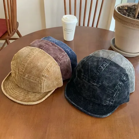 Vintage Corduroy 5-Panel Baseball Cap Women Autumn Winter Adjustable Streetwear Soft Top Short Brim Peaked Hat Outdoor Casual Warm Hat