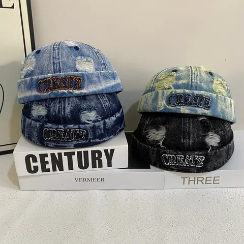 Vintage Distressed Denim Brimless Cap For Men Women American Streetwear Hip Hop Miki Hat Washed Docker Hat Letter Embroidery