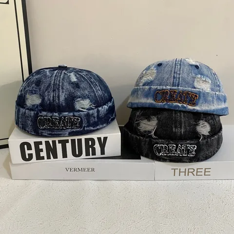Vintage Distressed Denim Brimless Cap For Men Women American Streetwear Hip Hop Miki Hat Washed Docker Hat Letter Embroidery