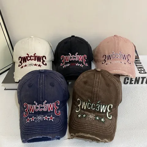Berretto da Baseball in Cotone Lavato Retrò Distressed Stile Street Americano Ricamo a Lettere e Stelle Cappello Parasole Regolabile per Uomo Donna