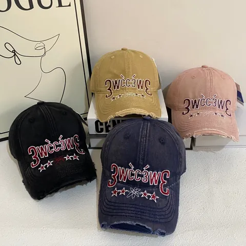 Berretto da Baseball in Cotone Lavato Retrò Distressed Stile Street Americano Ricamo a Lettere e Stelle Cappello Parasole Regolabile per Uomo Donna