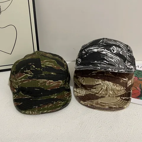 American Retro Tiger Stripe Camo 5-Panel Camp Cap Short Brim Ripstop Cotton Outdoor Streetwear Sunshade Peak Cap For Unisex