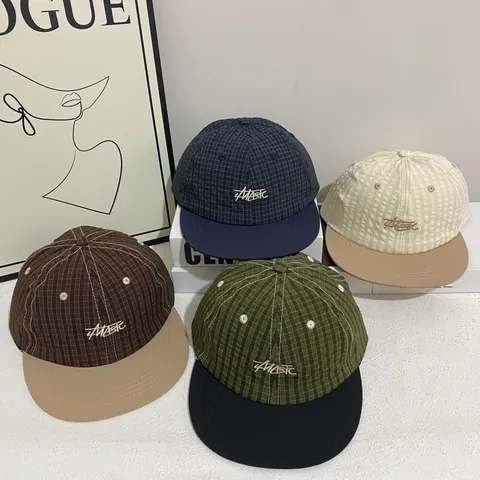 Gorra de Béisbol de Ala Plana de Bloque de Color de Cuadros Vintage para Hombre Mujer Casual Sombrilla Ajustable Bordado de Letras Mezcla de Algodón Gorra con Visera