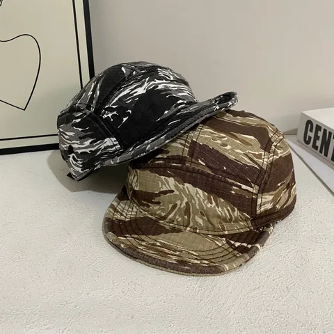 American Retro Tiger Stripe Camo 5-Panel Camp Cap Short Brim Ripstop Cotton Outdoor Streetwear Sunshade Peak Cap For Unisex