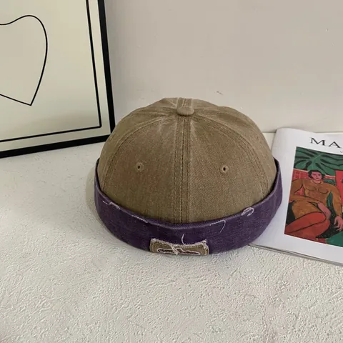 Gorro Docker Vintage Lavado sin Ala para Hombre Mujer Retro Color Block Parche de Letra Miki Hat Streetwear Beanie